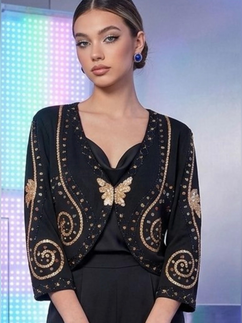 Y2K Butterfly Bolero Colour Works Sequin & Beaded Cropped Viscose Knit Cardigan